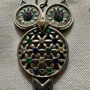 Owl Pendant Silver and Jewel Colors Cute!
